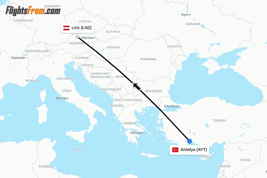 Flights from Antalya to Linz route map