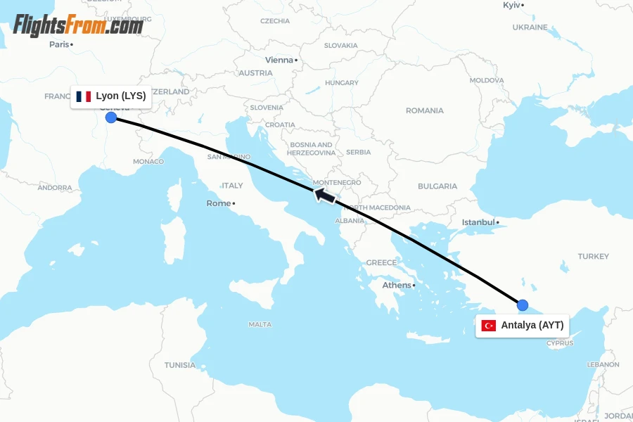 Flights from Antalya to Lyon route map