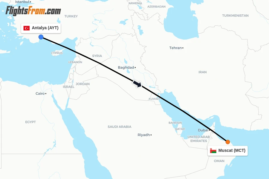 Flights from Antalya to Muscat route map