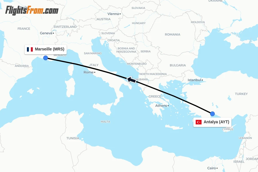 Flights from Antalya to Marseille route map