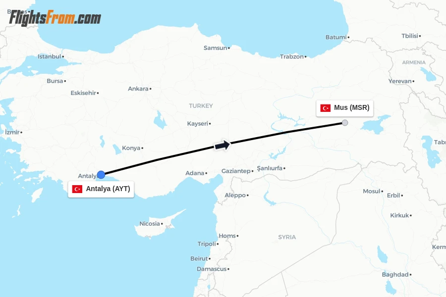 Flights from Antalya to Mus route map