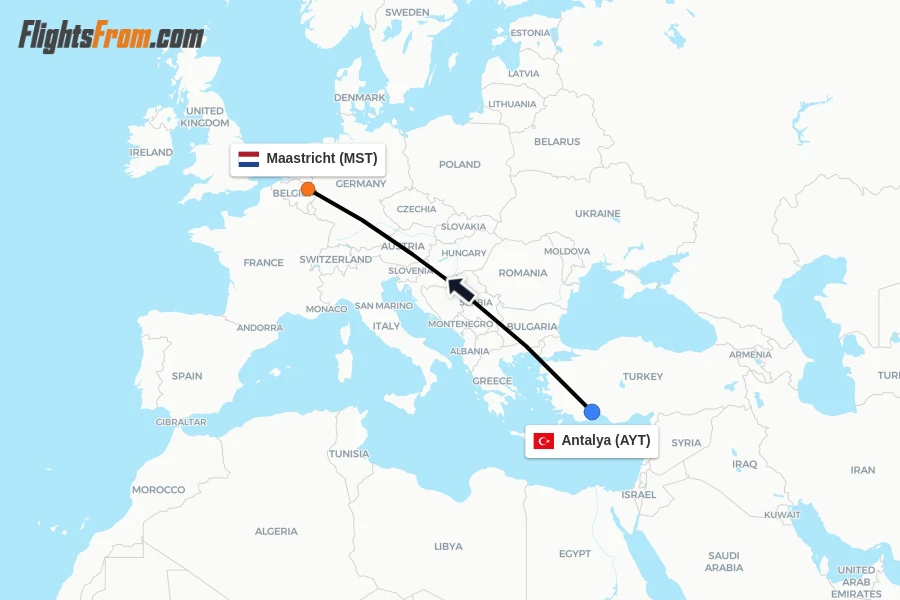 Flights from Antalya to Maastricht route map