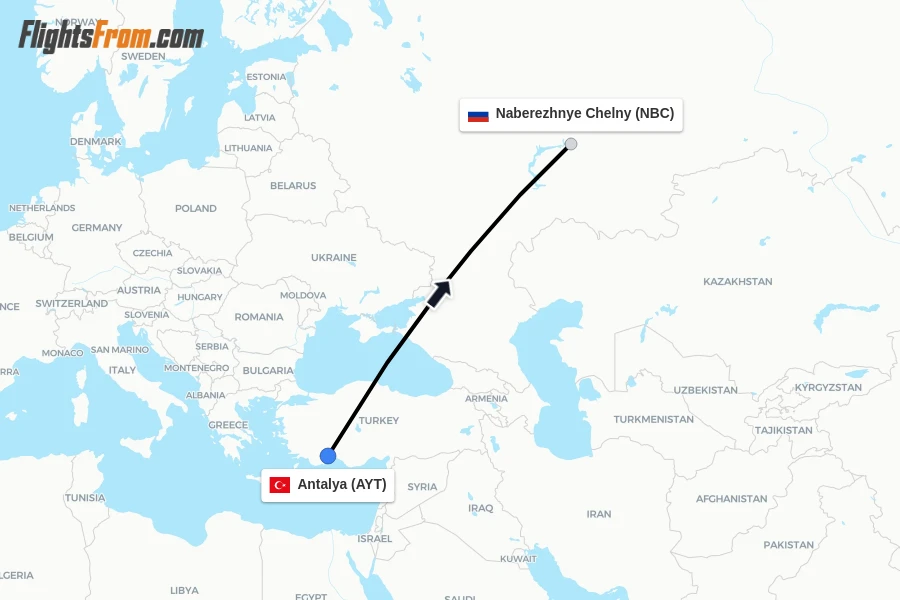 Flights from Antalya to Naberezhnye Chelny route map