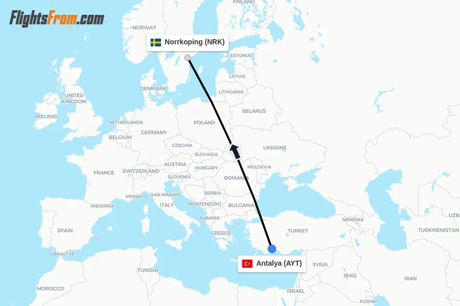 Flights from Antalya to Norrkoping route map