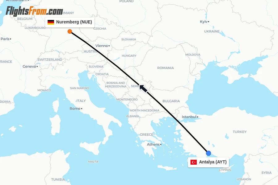 Flights from Antalya to Nuremberg route map