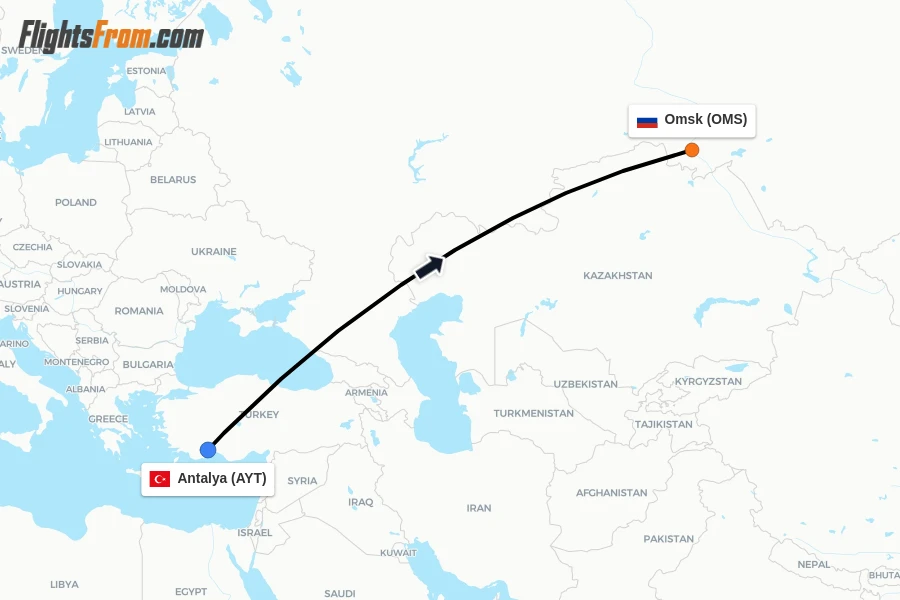 Flights from Antalya to Omsk route map