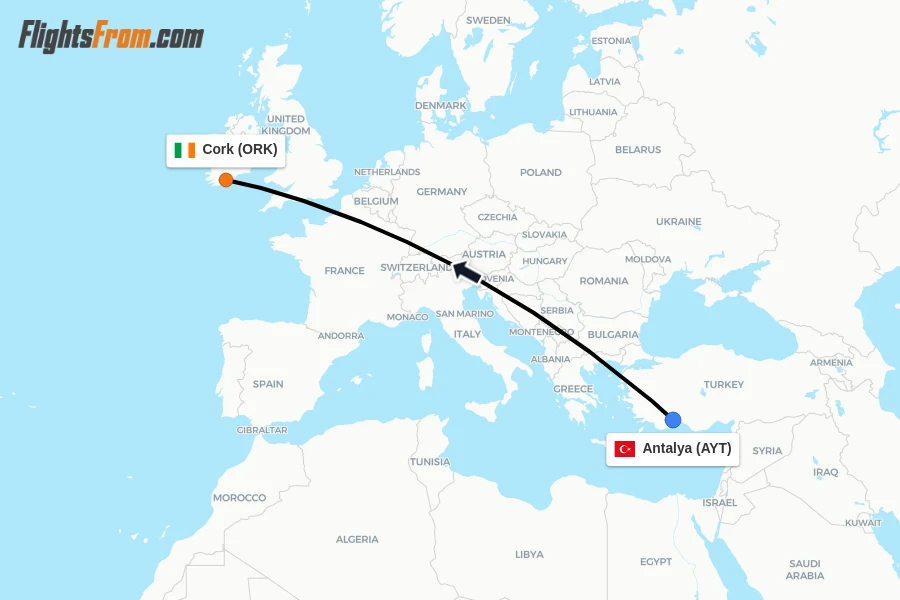 Flights from Antalya to Cork route map