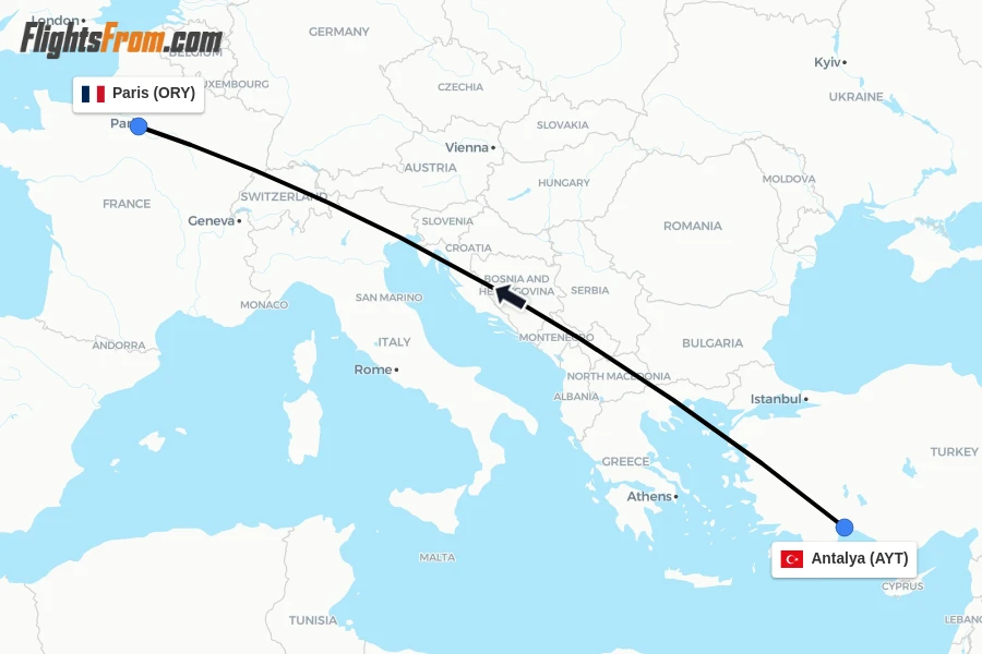 Flights from Antalya to Paris route map