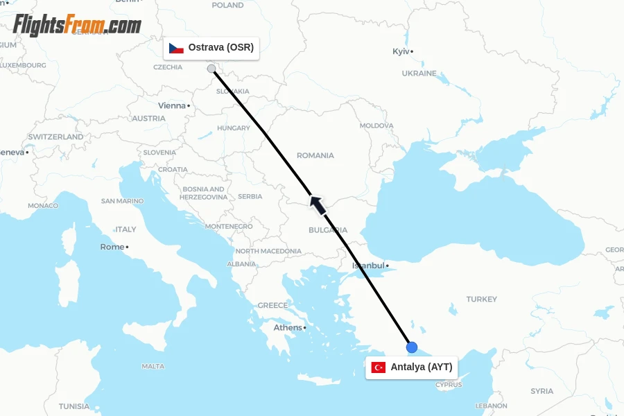 Flights from Antalya to Ostrava route map