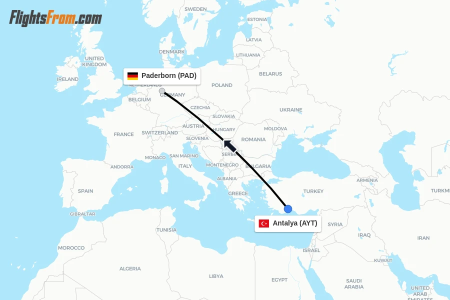 Flights from Antalya to Paderborn route map