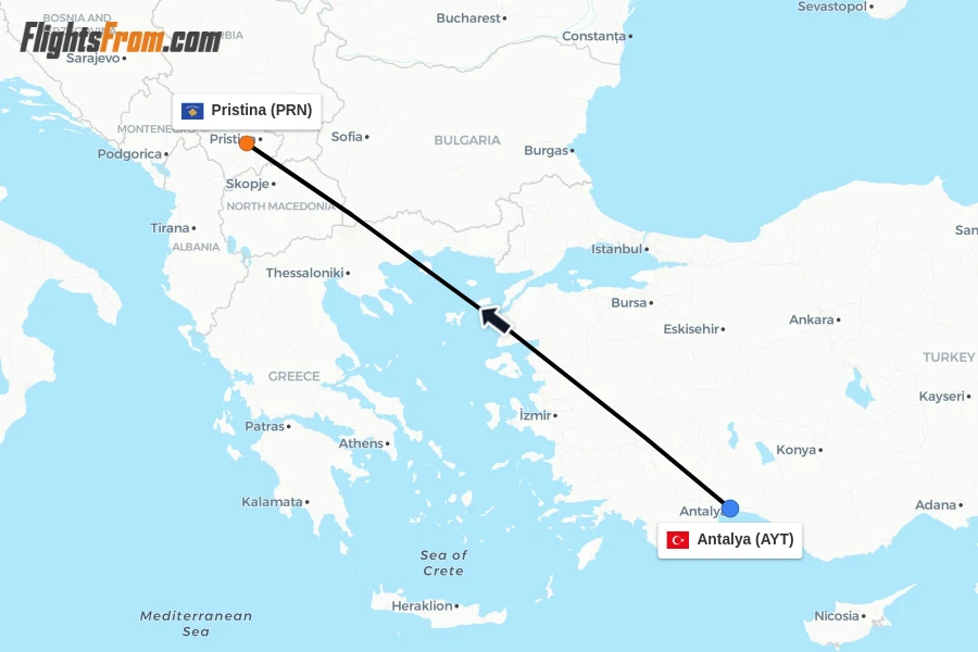 Flights from Antalya to Pristina route map