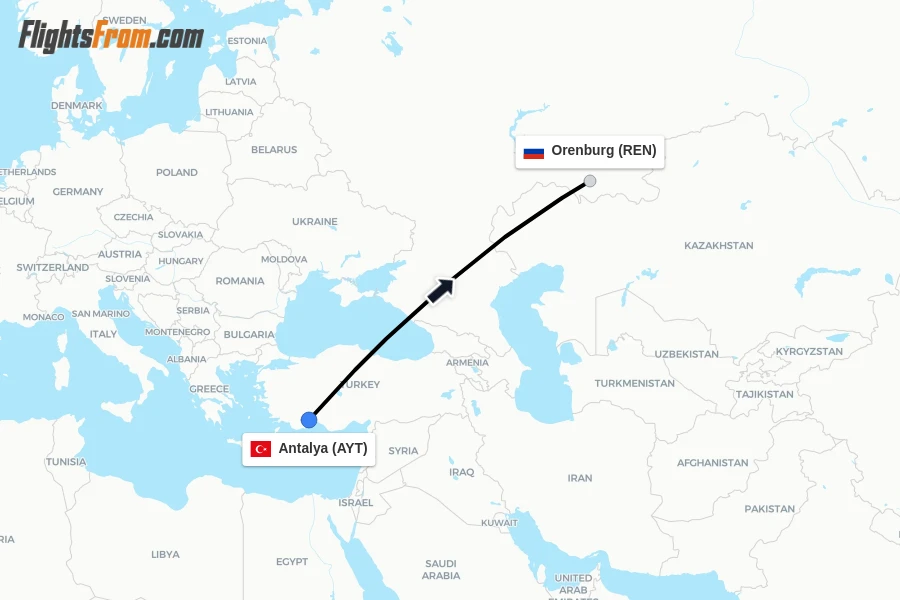 Flights from Antalya to Orenburg route map