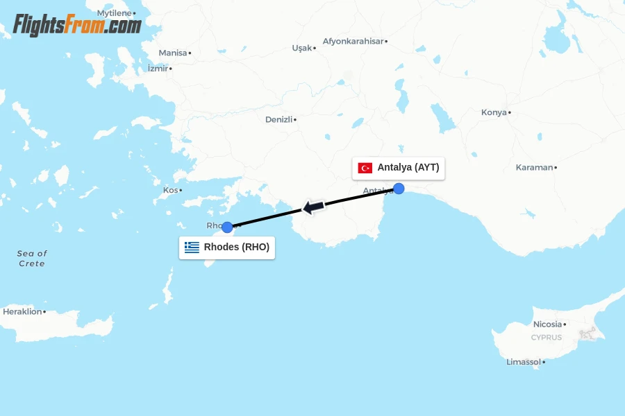 Flights from Antalya to Rhodes route map
