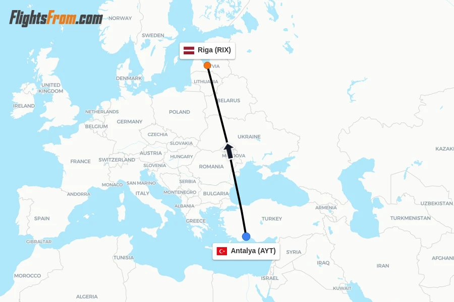 Flights from Antalya to Riga route map