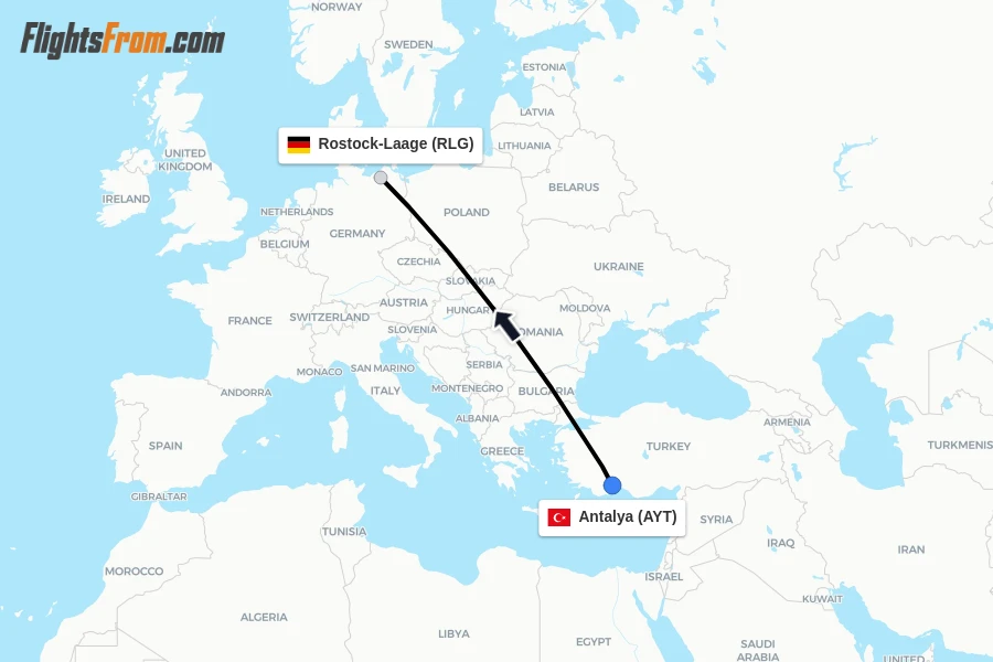 Flights from Antalya to Rostock-Laage route map
