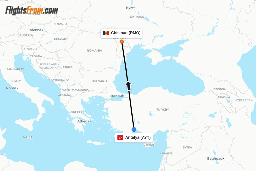 Flights from Antalya to Chisinau route map