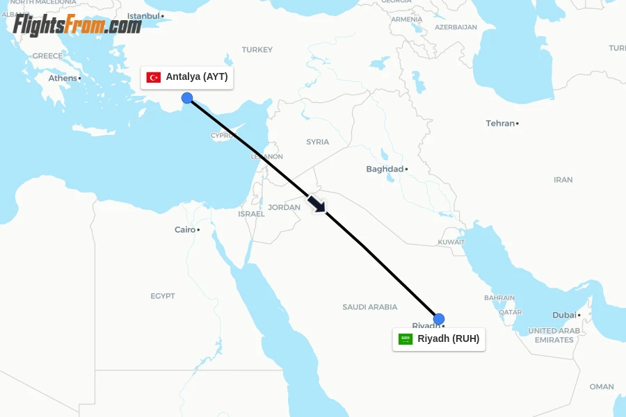 Flights from Antalya to Riyadh route map
