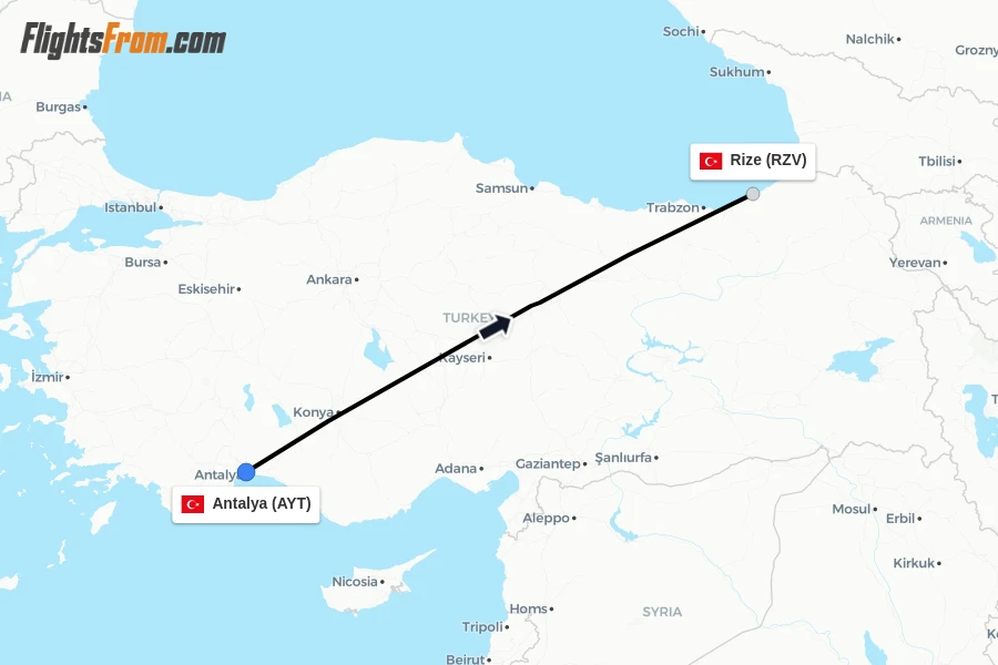 Flights from Antalya to Rize route map
