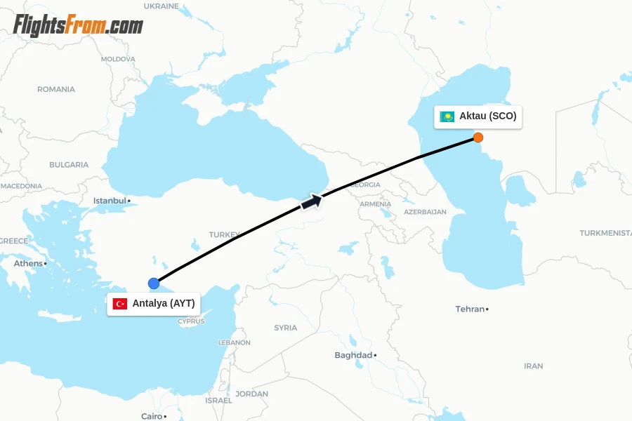 Flights from Antalya to Aktau route map