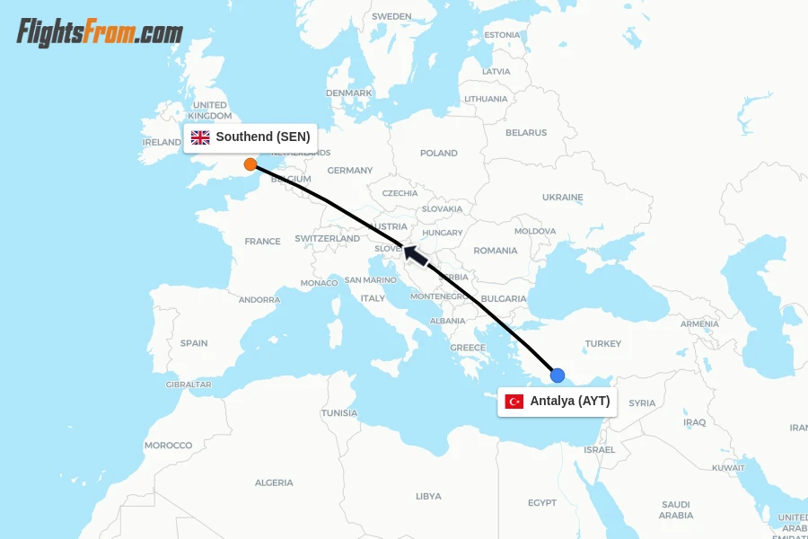 Flights from Antalya to Southend route map