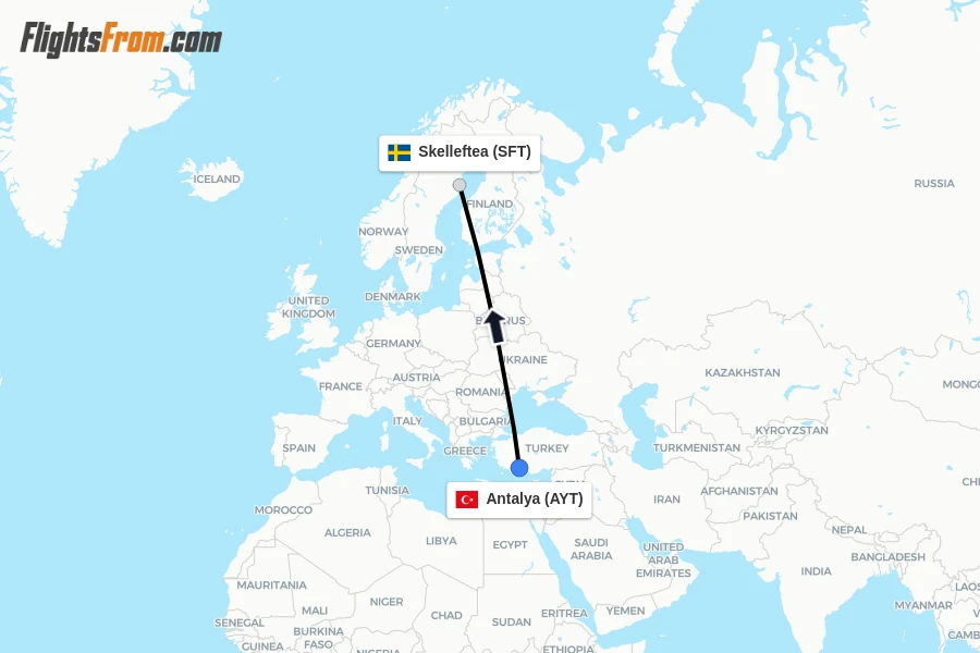 Flights from Antalya to Skelleftea route map