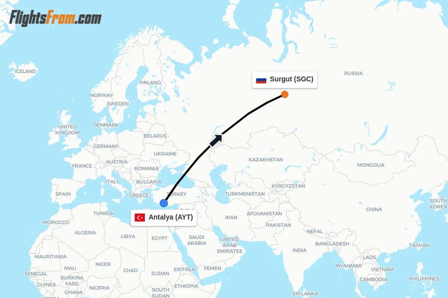 Flights from Antalya to Surgut route map