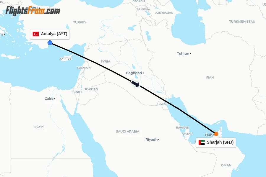 Flights from Antalya to Sharjah route map