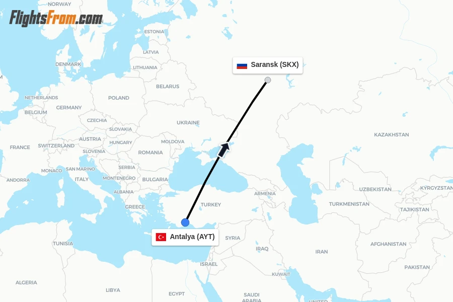 Flights from Antalya to Saransk route map
