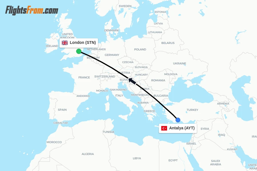 Flights from Antalya to London route map