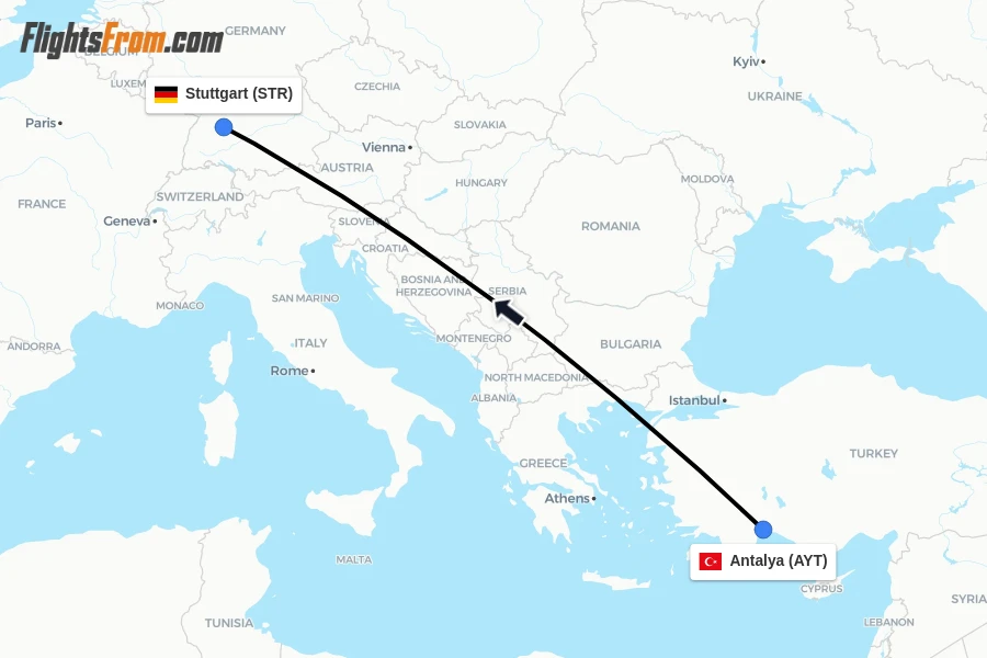 Flights from Antalya to Stuttgart route map