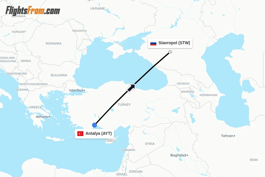 Flights from Antalya to Stavropol route map