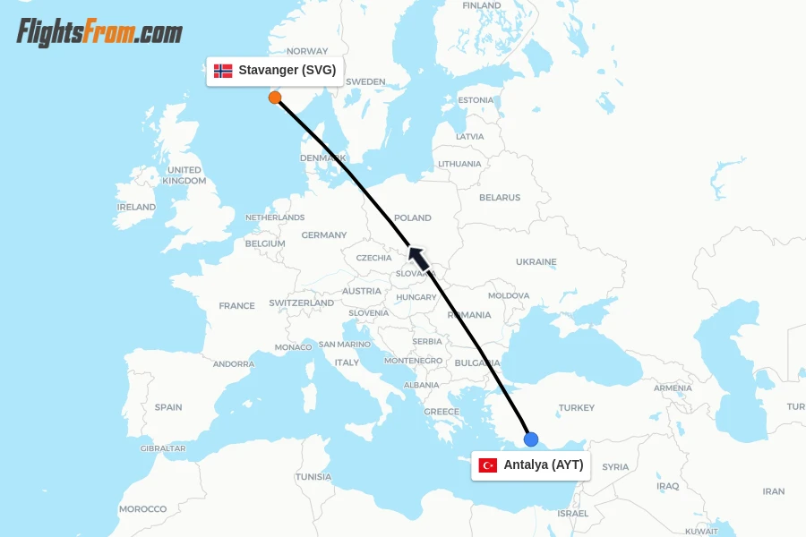 Flights from Antalya to Stavanger route map
