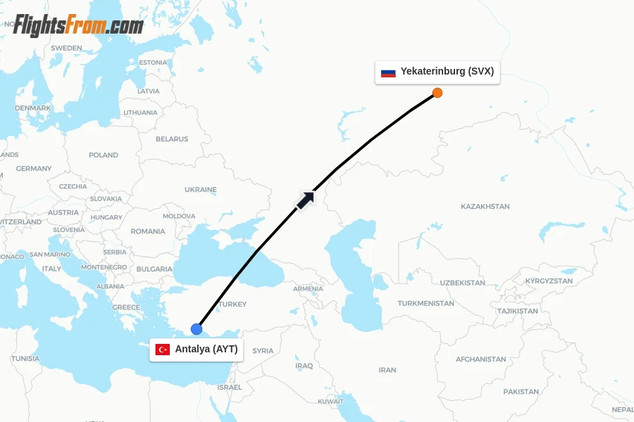 Flights from Antalya to Yekaterinburg route map