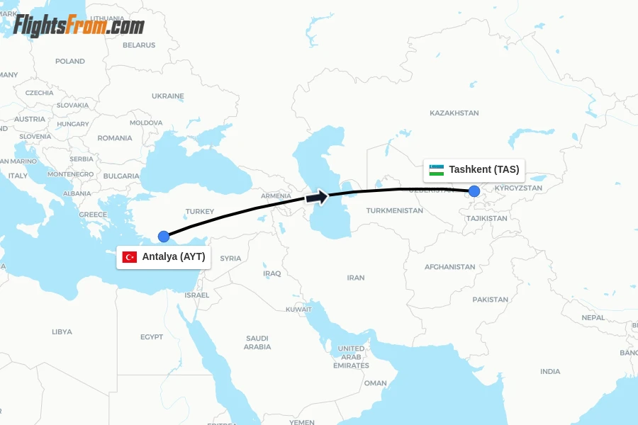 Flights from Antalya to Tashkent route map
