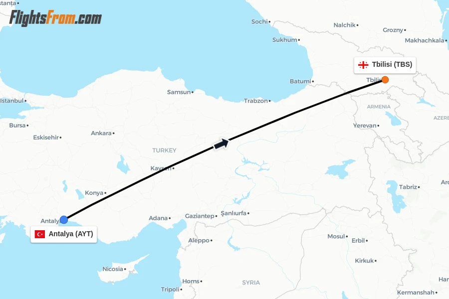 Flights from Antalya to Tbilisi route map
