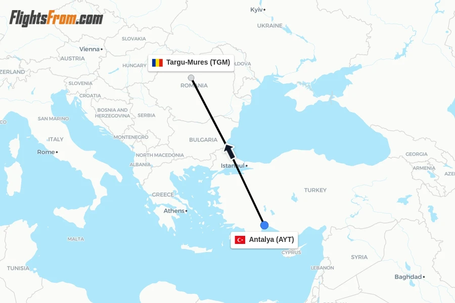 Flights from Antalya to Targu-Mures route map