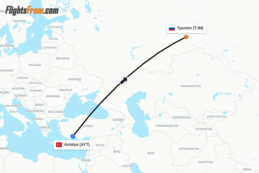 Flights from Antalya to Tyumen route map