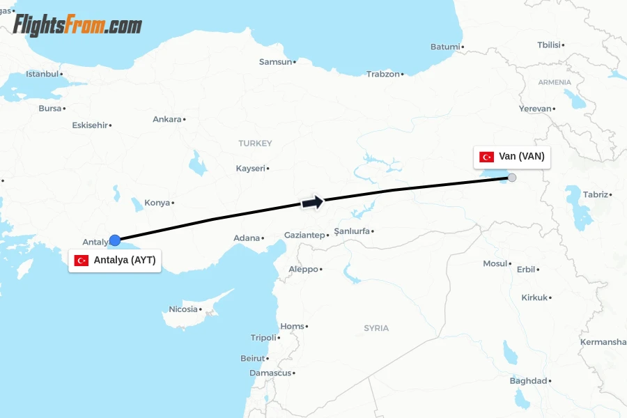 Flights from Antalya to Van route map