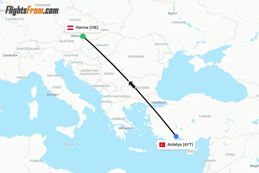 Flights from Antalya to Vienna route map