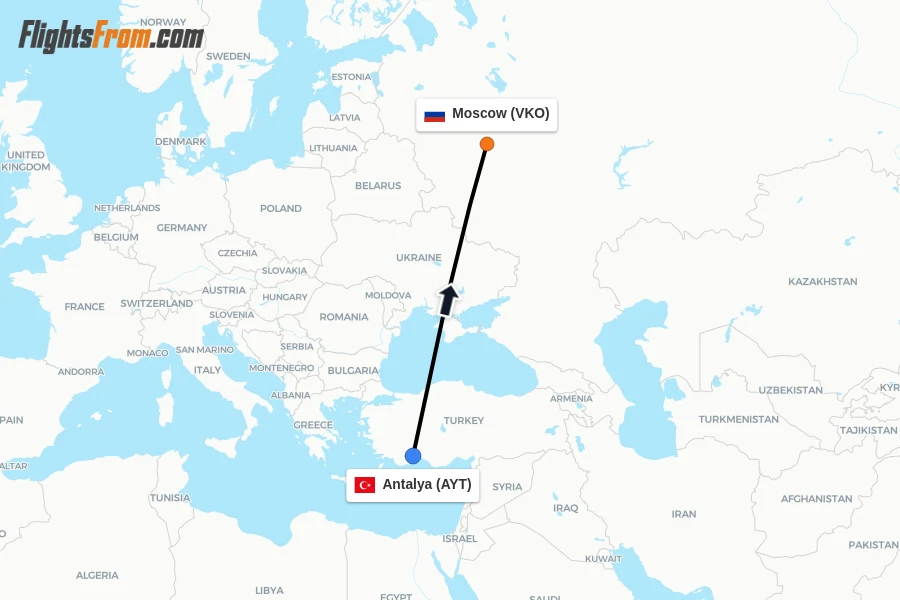 Flights from Antalya to Moscow route map