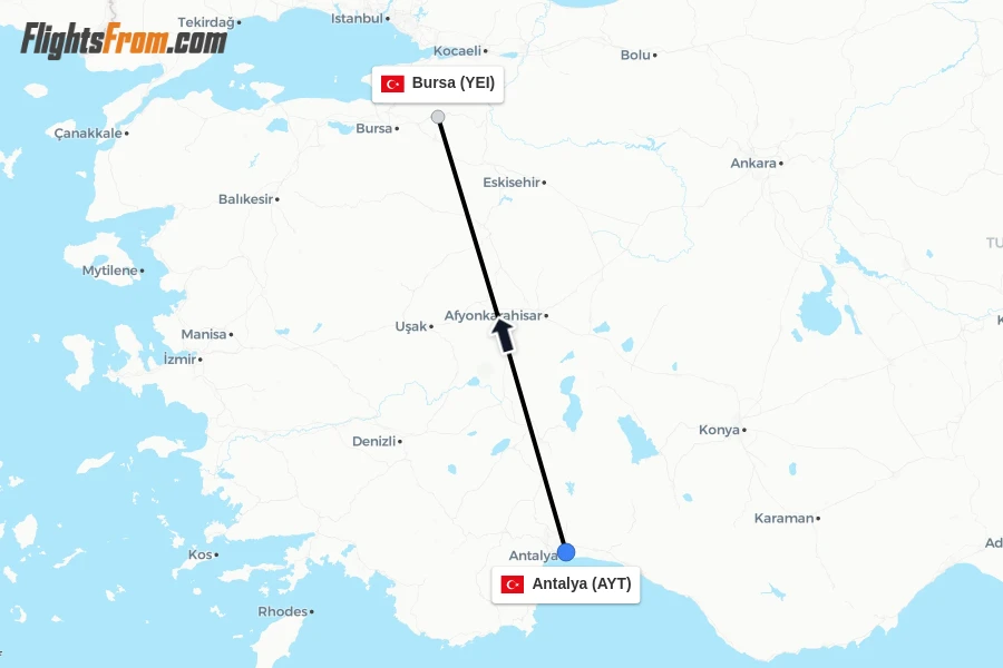 Flights from Antalya to Bursa route map