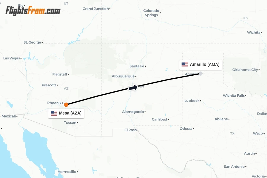 Flights from Mesa to Amarillo route map