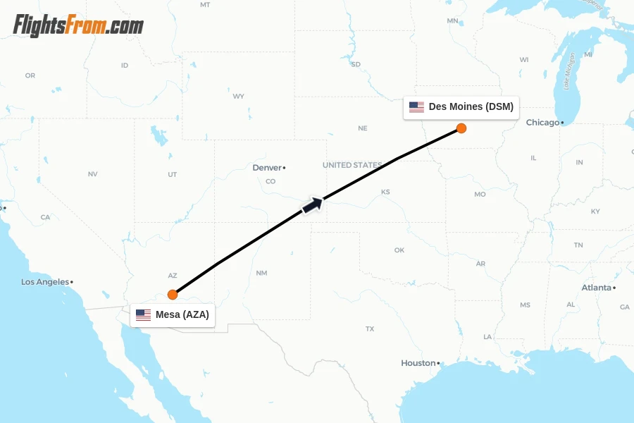 Flights from Mesa to Des Moines route map