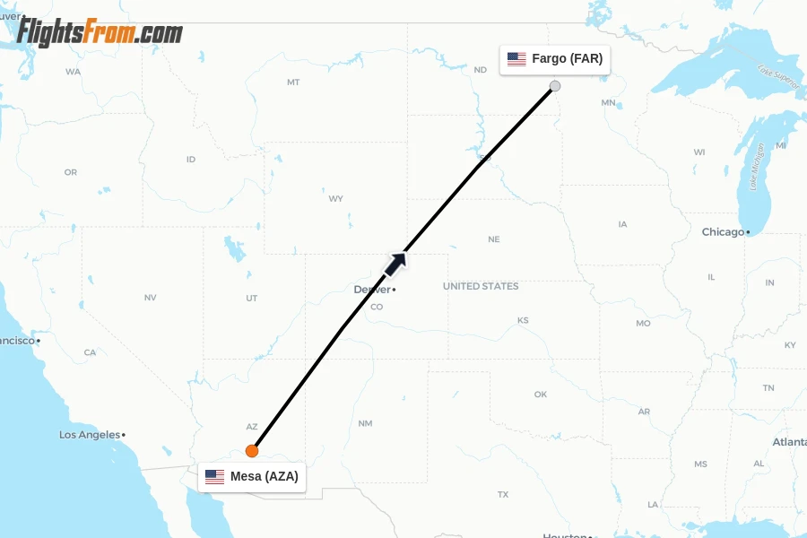 Flights from Mesa to Fargo route map