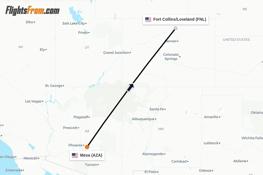 Flights from Mesa to Fort Collins/Loveland route map