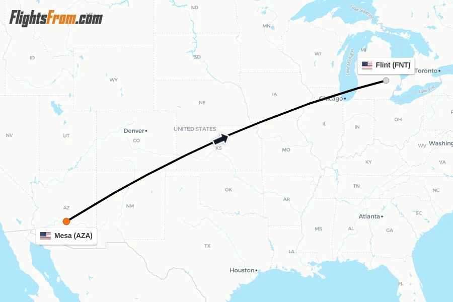 Flights from Mesa to Flint route map