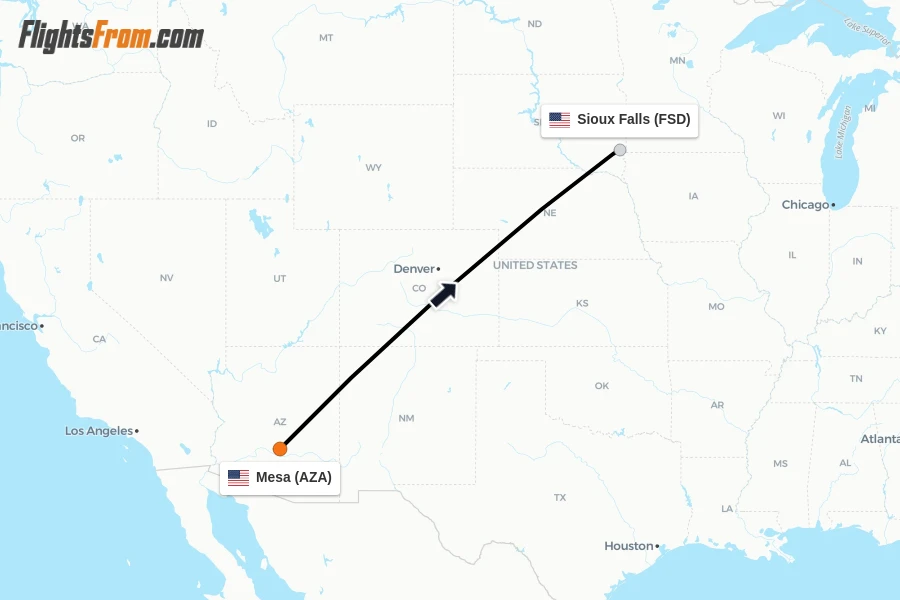 Flights from Mesa to Sioux Falls route map