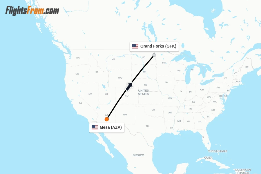 Flights from Mesa to Grand Forks route map