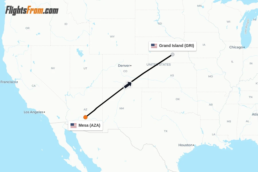 Flights from Mesa to Grand Island route map