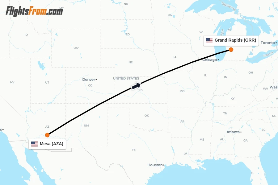 Flights from Mesa to Grand Rapids route map